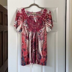 One World Live and Let Live Pink Orange Top Large